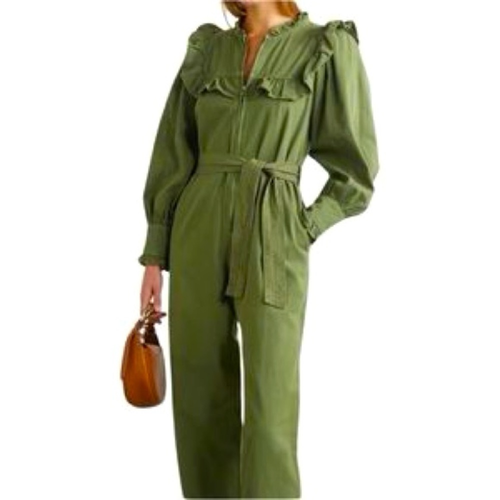 Sea New York Olive Green Straight-Leg Jumpsuit with Ruffle Yoke